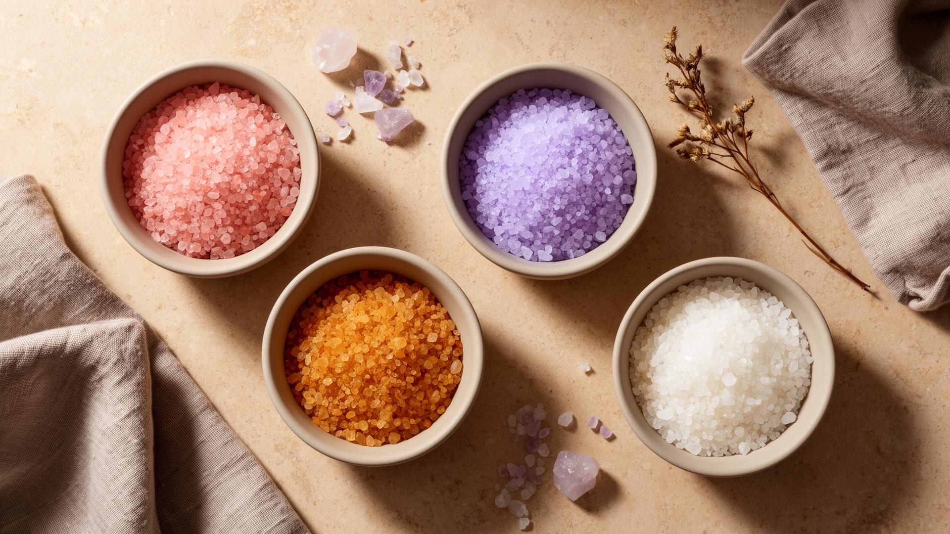 Rose, lavender, amber, and white bath salts in ceramic bowls